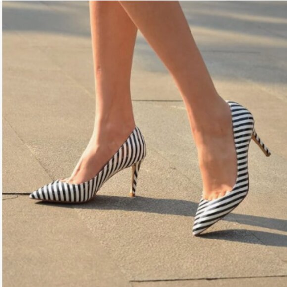 s-l400.jpg YDN Black Stripe Pointed Closed Toe Mid Heel Pumps Slip on Slide Dress Shoe